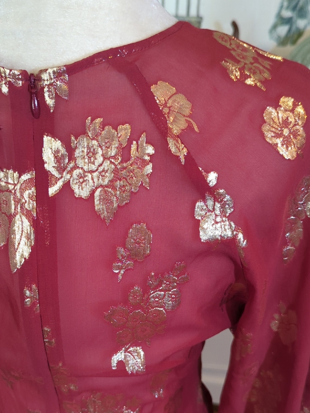 Opaline Designer Sheer Silk Dusty Rose Metallic Floral Tie-Waist Midi Dress - Picture 6 of 11